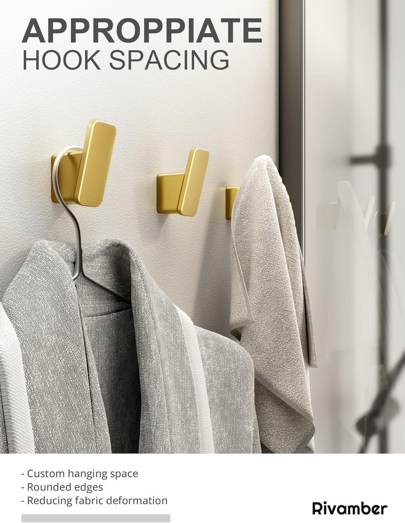 RIVAMBER 4-Pack Brushed Gold Towel Hook for Bathroom, Robe Coat Hook, Heavy Duty Wall Hooks for Hanging Bag Hat Mudroom Bedroom Shower Closet, Drill in Hanger Mount with Screw, Holder Back of Door Outdoor - Image 3
